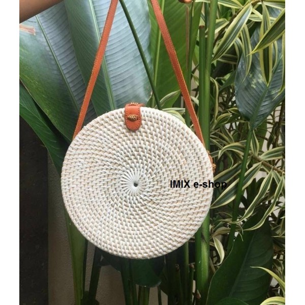 Ratanová kabelka Bali kruhová bílá s kůží