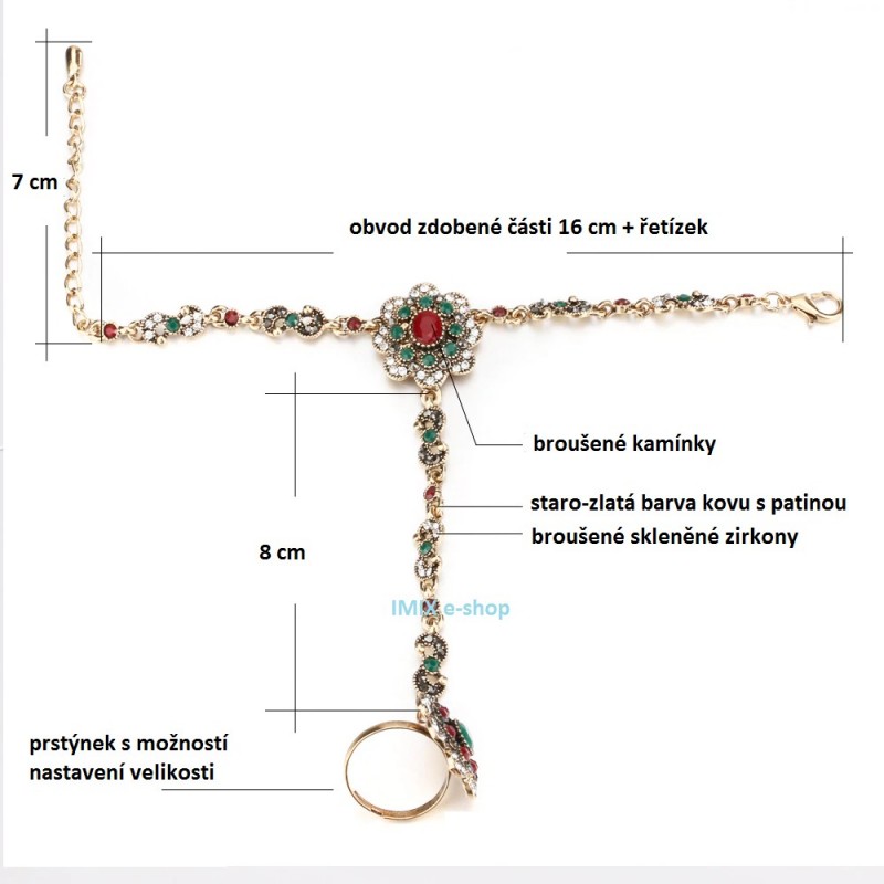 Orientální Bollywood náramek s prstýnkem zdobený ASIRA