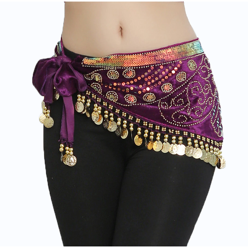 Belly Dancer Wearing a Purple Coin Belt and Workout Clothing Stock