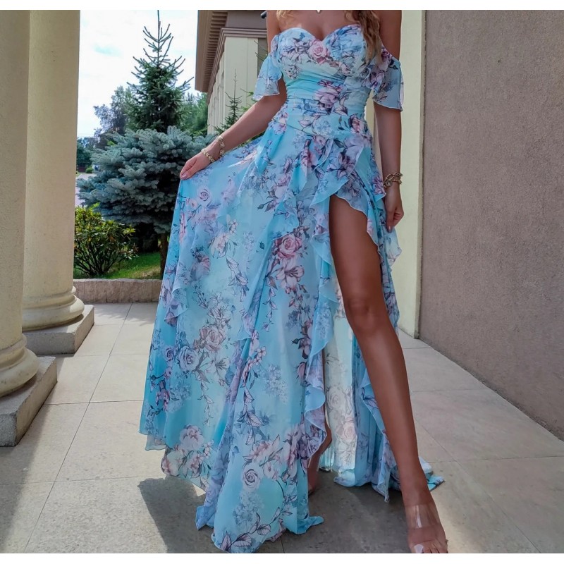 14004#IENA Fairy V Neck Floral 3D Flowers Prom Gowns Blue Printed Organza  Aline Wedding Dress Bridal Gown Formal Open Back ODE - AliExpress
